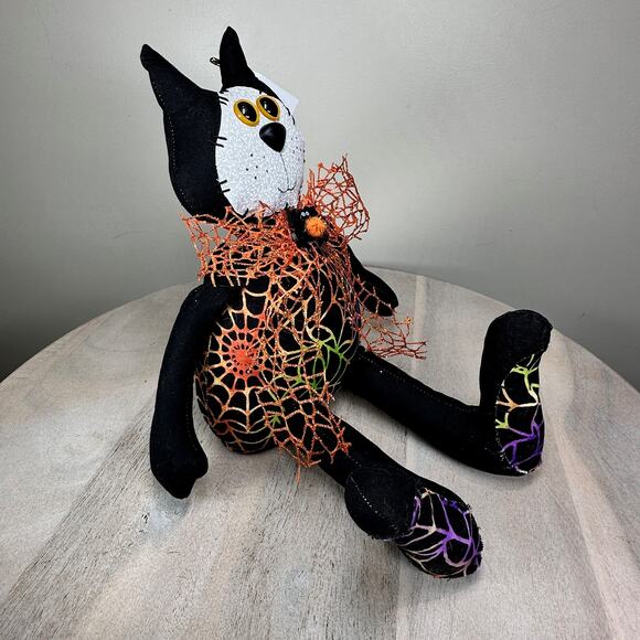 Halloween Black Cat Plush Decor Spider Web Scarf BG Creations Handmade NEW - Picture 7 of 9